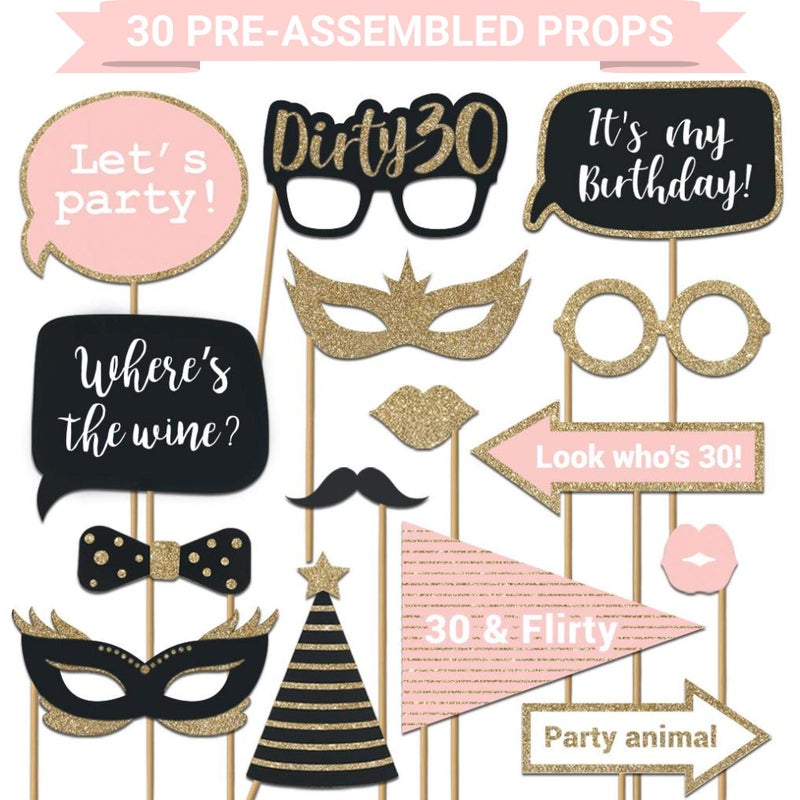 Perfect Occasion Fully Assembled 30th Birthday Photo Booth Props - Set of 30 - Pink & Gold Selfie Signs - 30th Party Supplies & Decorations - Cute Bday Designs with Real Glitter - Did We Mention No DIY - Image 1
